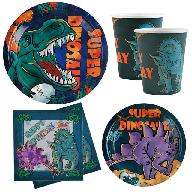 Juego de Vajilla Dinosaurios para Niños Verde, 20 Invitados, Platos, Servilletas y Tazas de Fiesta