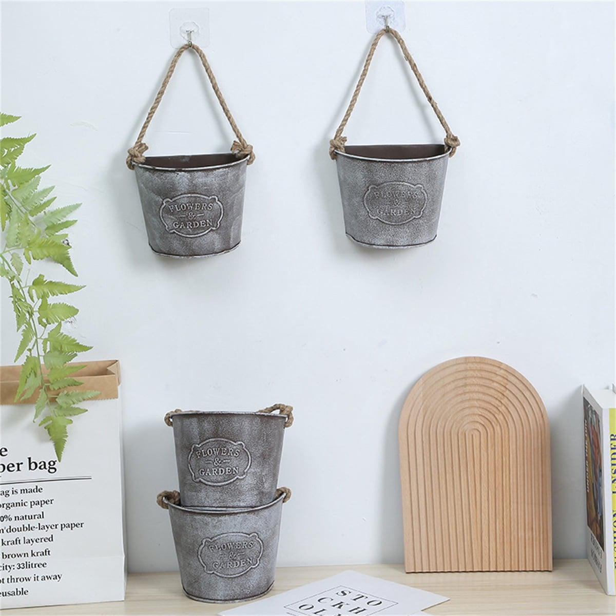 Trianu 2Pcs Galvanized Hanging Wall Planter, Rustic Metal Wall Flower Vase Hanging Plant Holder for Succulents Herbs Country Home Farmhouse Wall Decoration