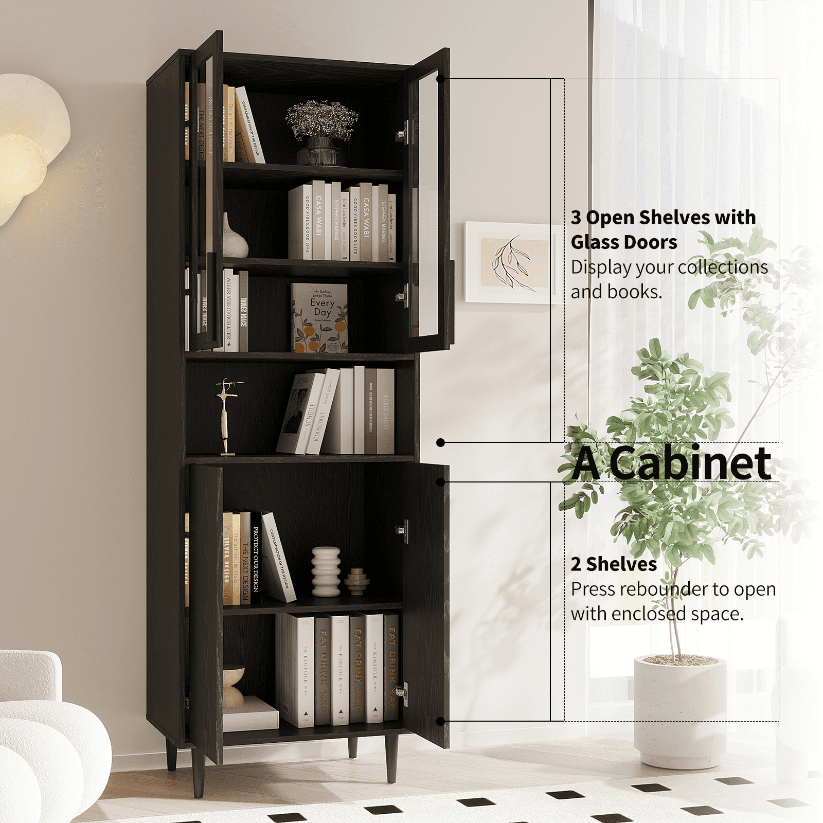 RichYa 71"H Tall Bookcase with Glass Door,4 Doors Display Bookshelf with Metal Legs,6 Tier Storage Cabinets for Living Room,Home Office,Black