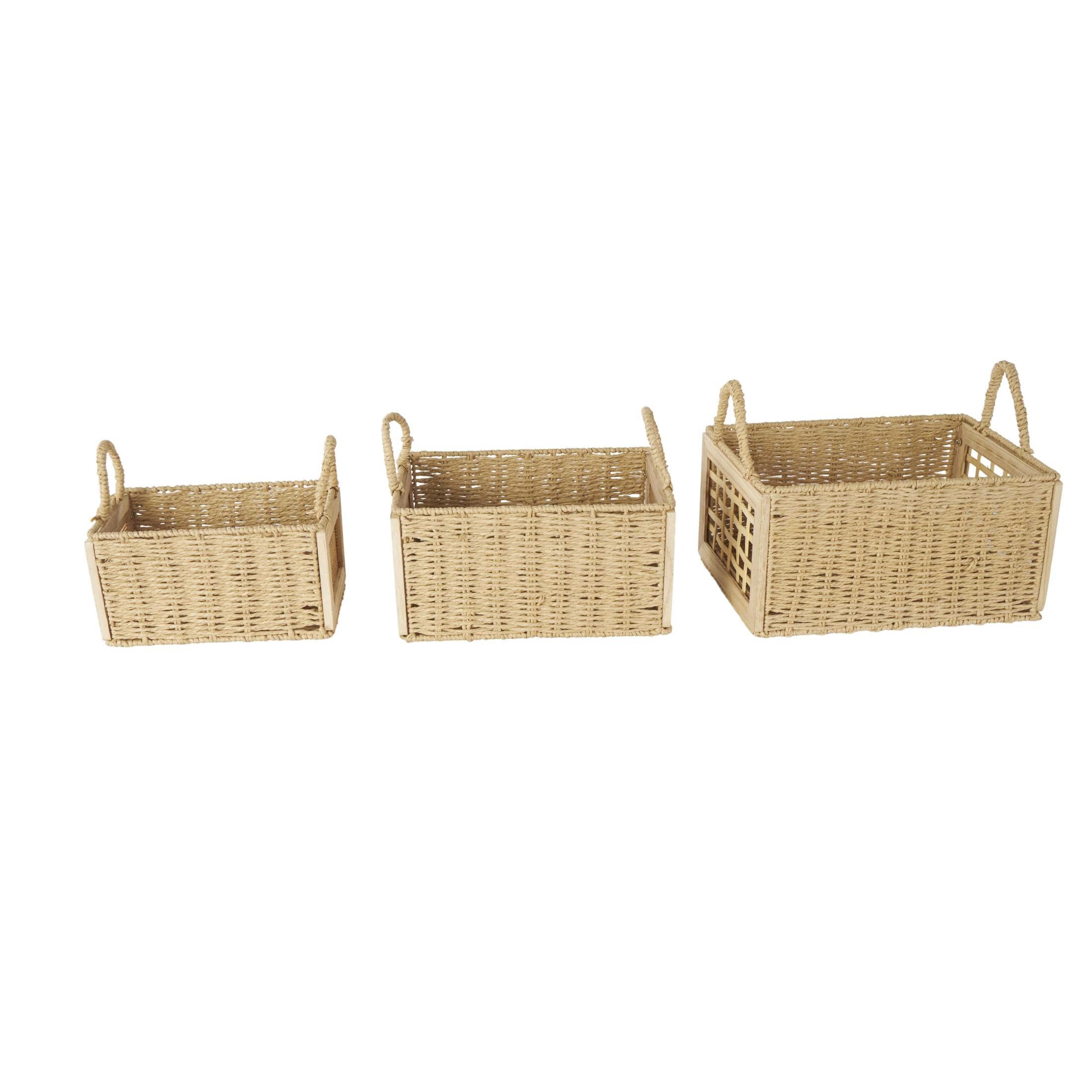 DecMode 14", 12", 11"W Brown Rattan Woven Storage Basket with Rope Handles, 3-Pieces