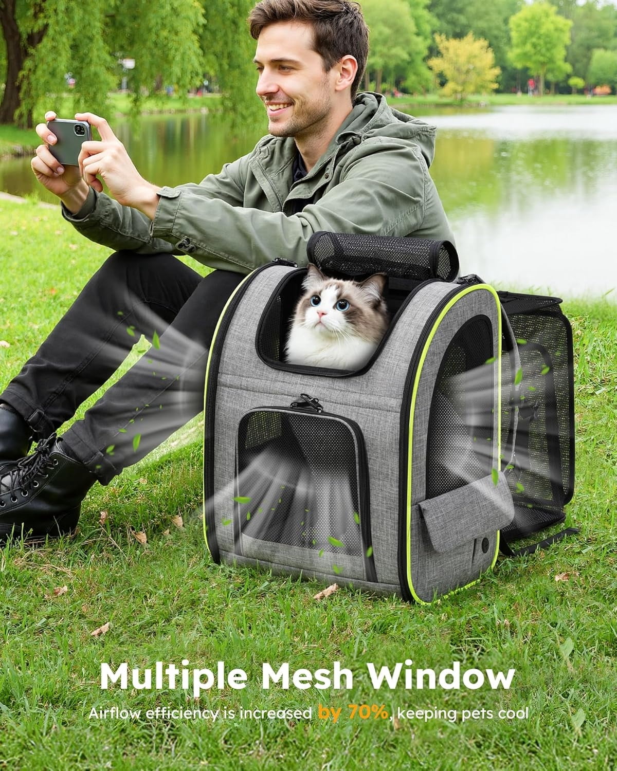 Cat Backpack Carrier XL, Expandable Pet Backpack for Cats & Small Dogs Up to 15lbs, with 4-Side Breathable Mesh, Multi-Entry & Lockable Zippers for Travel, Hiking, Camping - Hands Free, Gray