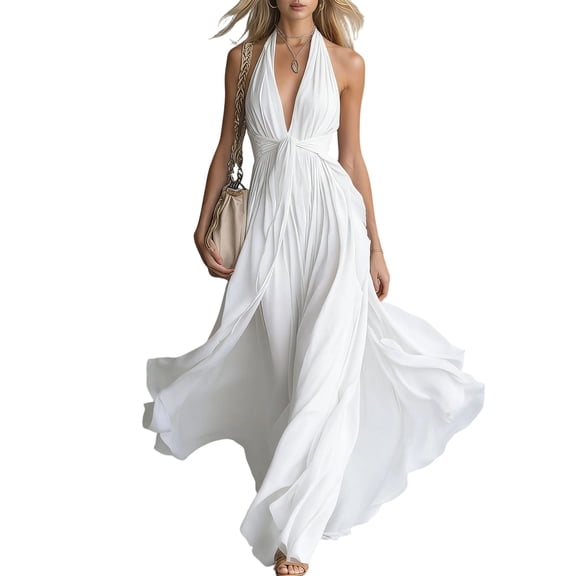 Womens Halter Sleeveless Casual Long Dress, Summer Pleated Waist Maxi Sundress, Elegant Flowy Swing Beach Dress for Party