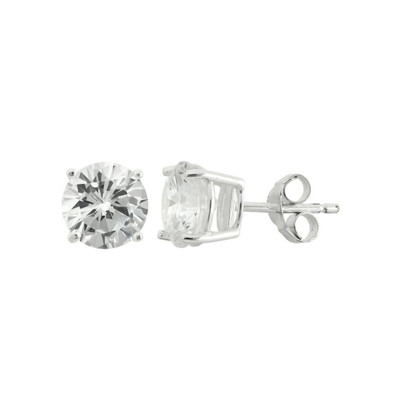 White CZ Sterling Silver Round Stud Earrings, 8mm