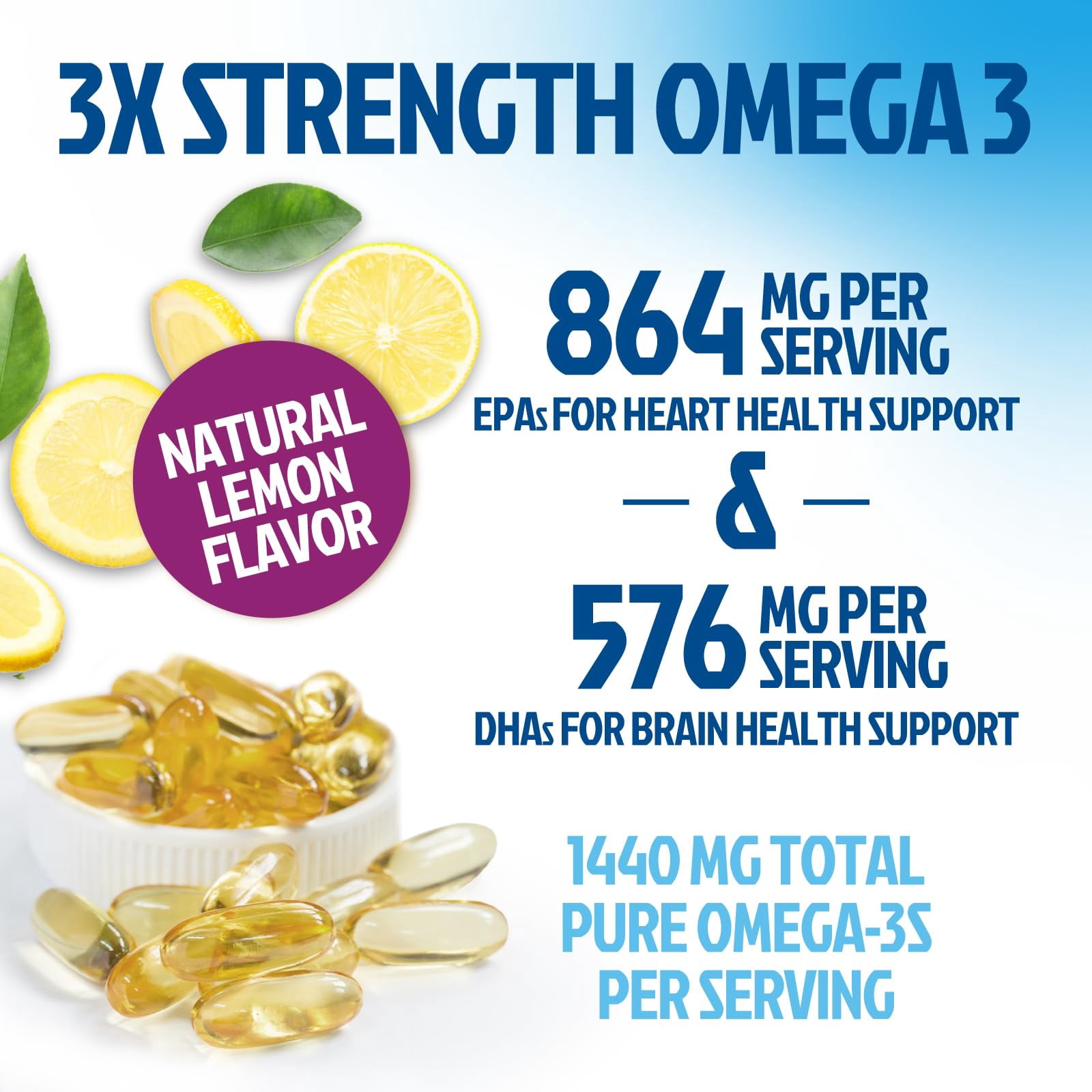 Omega 3 Fish Oil Supplements - 2400mg Fish Oil Per Serving - Triple Strength Omega-3 with EPA & DHA Fatty Acids - Natural Heart, Brain & Immune Support - Wild Caught, Bottled in USA - 180 Softgels