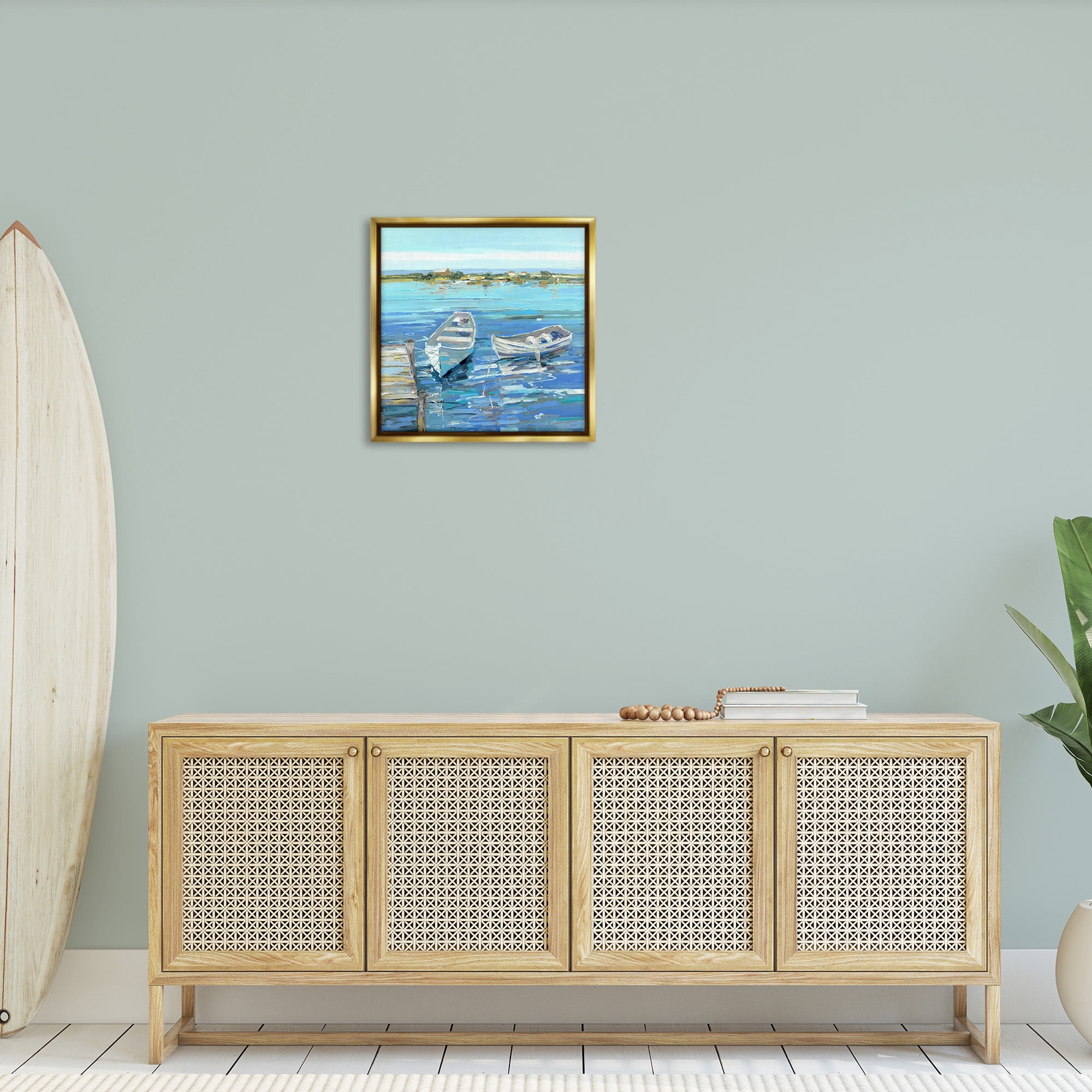 Stupell Industries Serene Rowboats at Dock Nature Painting Gold Floater Framed Canvas Art Print Wall Art, 25 x 25