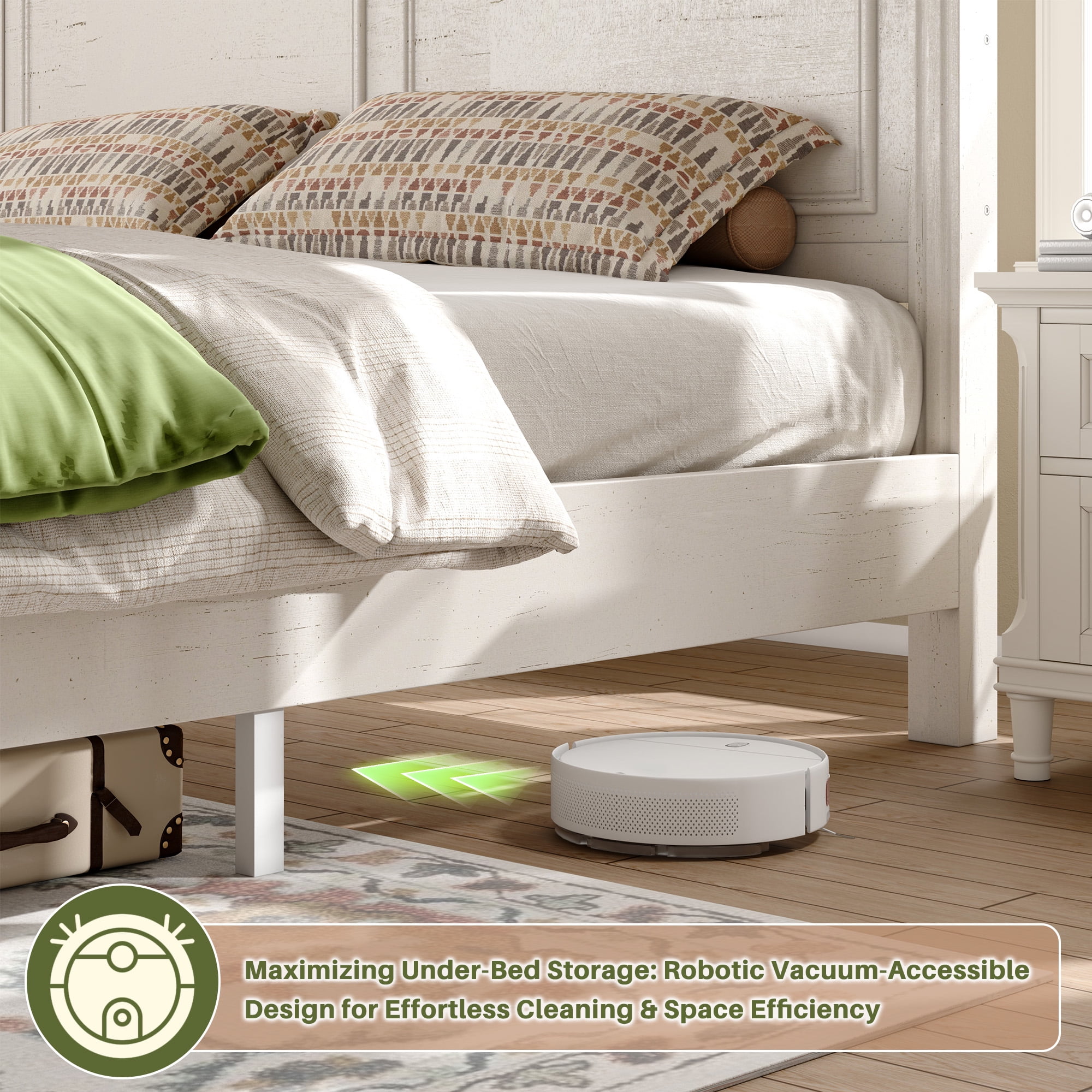 King Size Bed Frame with 2 Storage Drawers Farmhouse  Wood Bed Frame with Storage &  Tall Headboard,White