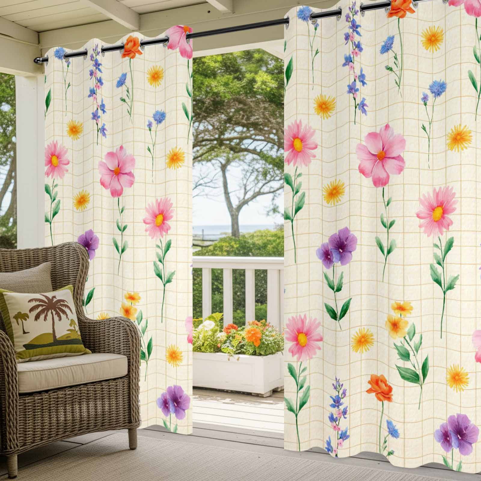 Spring Summer Wildflowers Outdoor Curtains for Patio, Pink Green Yellow Floral Plaid Sunshade Privacy Drapes Grommet Waterproof Outside Curtains for Porch/Cabana/Balcony 54"x 108", 2 Panel