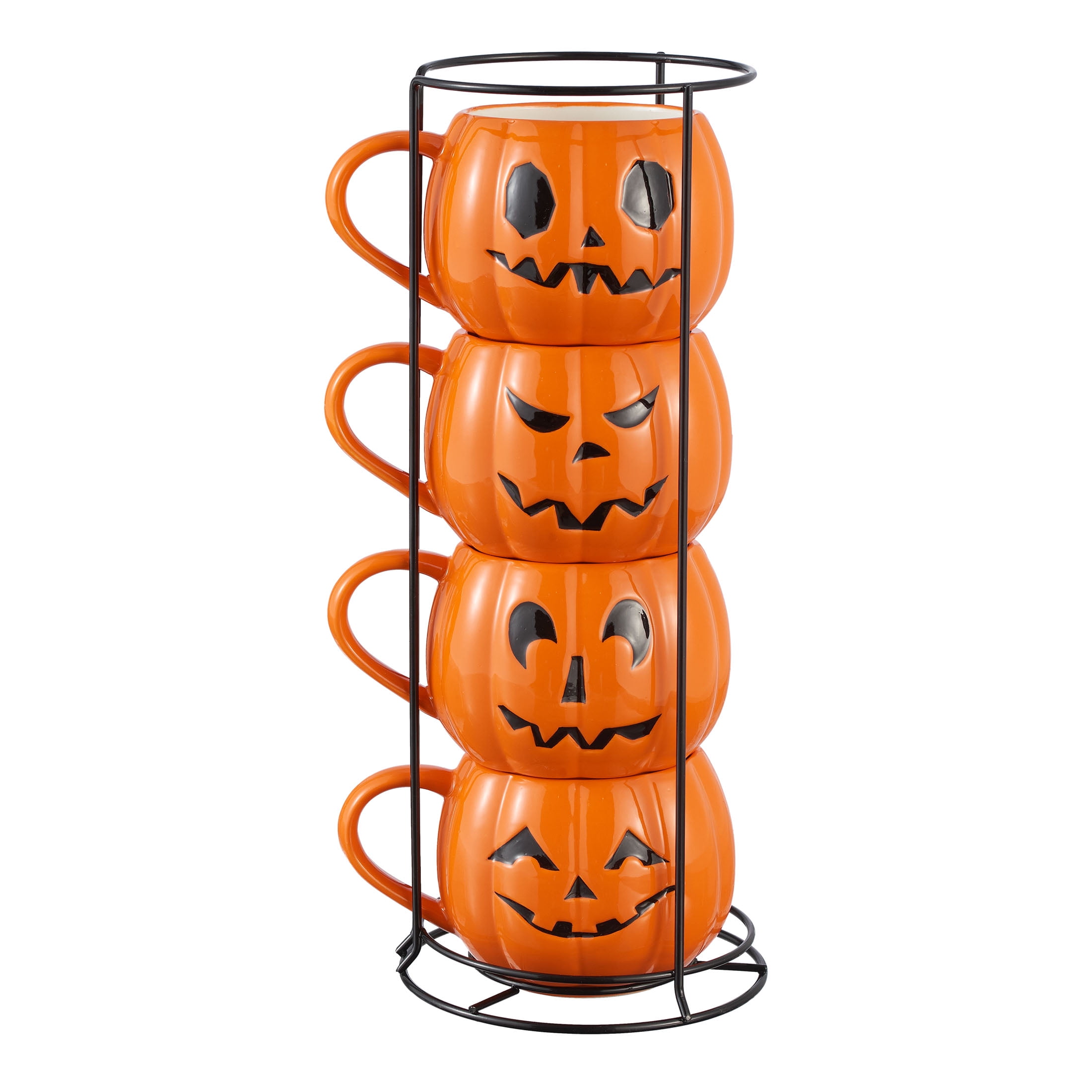 (2 pack) Halloween 13-Ounce Orange Pumpkin Stoneware Stackable Mug Set with Iron Rack, by Way To Celebrate