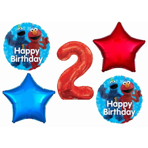 Elmo and Cookie Monster 2nd #2 Birthday Party Sesame Street 5 Piece Mylar Balloon Set