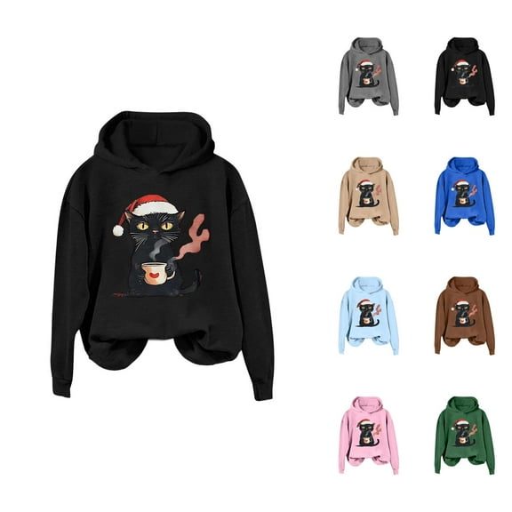 Christmas Black Cat Hoodies for Women 2025 Long Sleeve Cute Kitten Graphic Hooded Sweatshirt for Cat Lovers Pullover Tops