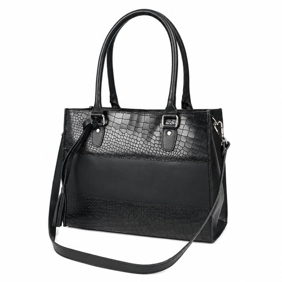 Cinni Women’s Black Genuine Leather Croc-Embossed Tote Bag