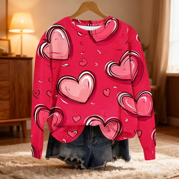 VgaVtl Red Sweatshirts for Women Plus Size Valentines Long Sleeve Women Tops Festivals Casual Loose Heart Print Pullover Tops
