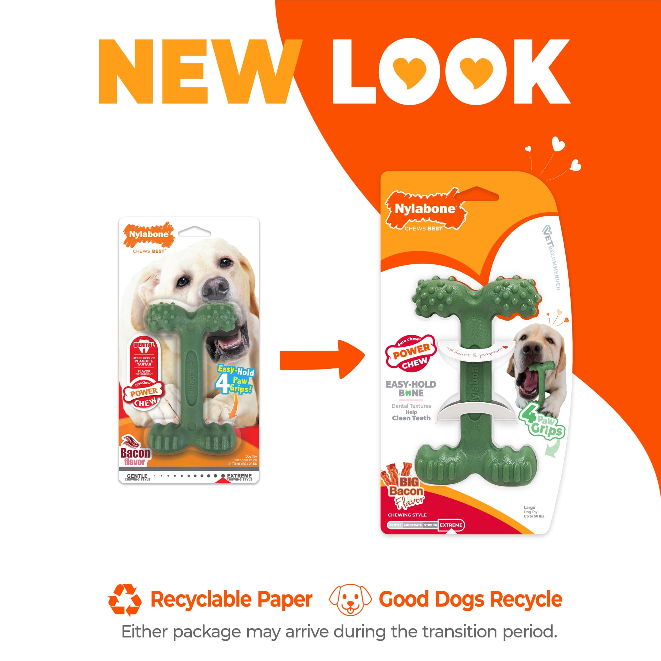 (2 pack) Nylabone Power Chew Easy Hold Bone Dog Toy, Dog Chew Toy, Bacon Flavor, Large, 1 Count