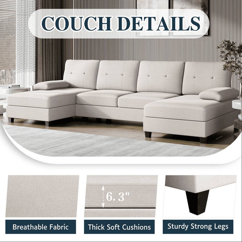 Walsunny U-Shaped Sectional Sofa Couch, 4 Seat U Shaped Oversized Clearance Sofa Set with Double Chaise for Living Room, Beige