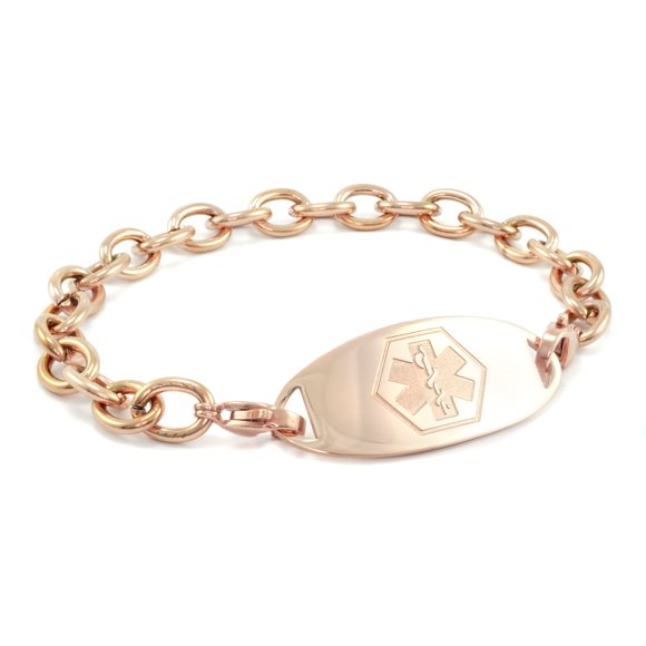 MedicEngraved Bracelet à Maillons Ton sur Ton en Acier Inoxydable 316L Médical ID 8 mm Or Rose avec Étiquette Médicale Embossée - Gravure Médicale Incluse