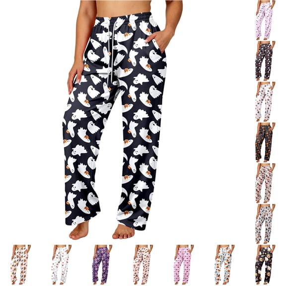 DHFJKG Womens Halloween Pajama Pants Ladies Pumpkin Ghost Pajamas Cute Soft Loungewear Pants