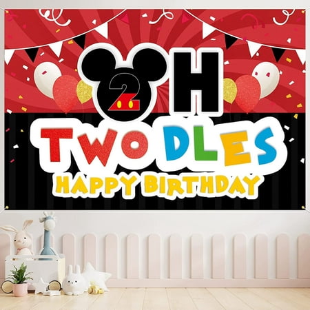 Image of Oh Twodles Backdrop Banner Red and Black - Cartoon Happy 2nd Birthday Theme Party Decorations Cheer to Two Years Old Photography Background Supplies
