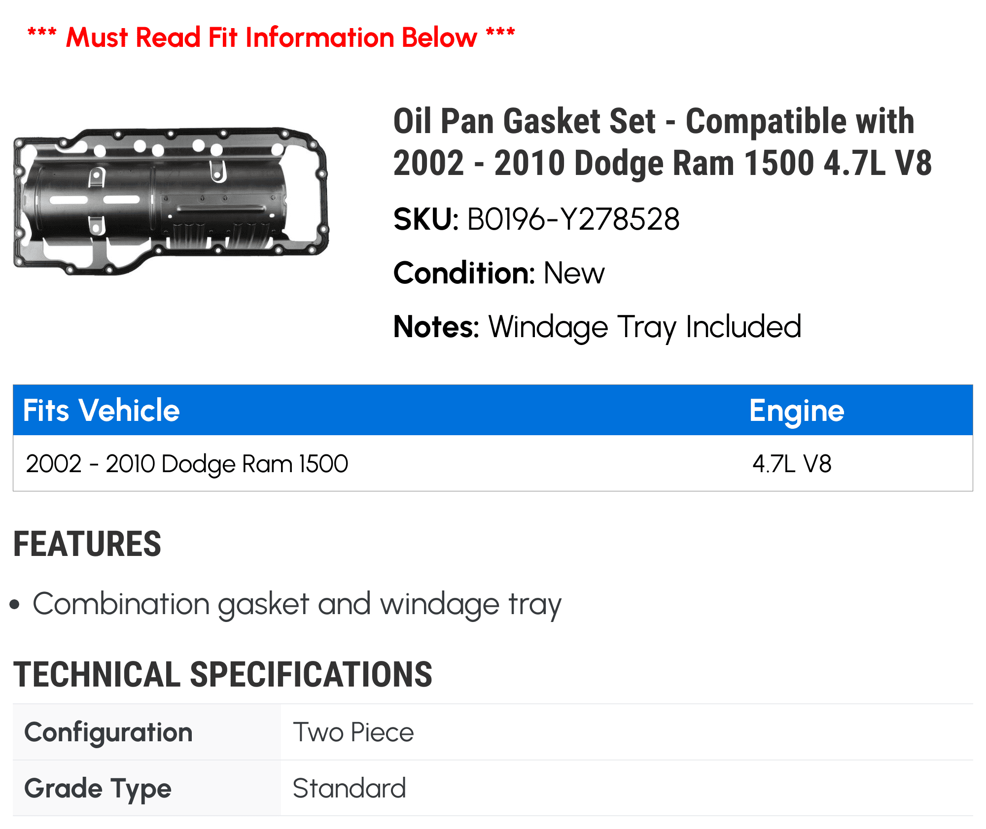 Oil Pan Gasket Set - Compatible with 2002 - 2010 Dodge Ram 1500 4.7L V8 2003 2004 2005 2006 2007 2008 2009