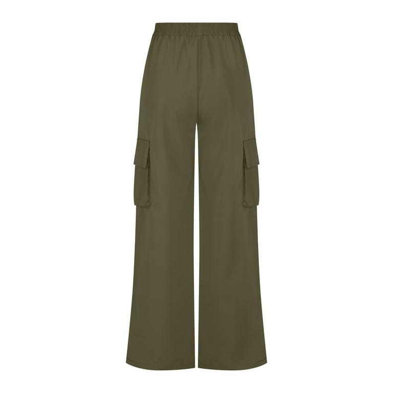 RYRJJ Parachute Pants for Women Baggy Cargo Pants Multi-Pocket High Rise  Y2K Pants Teen Girls Wide Leg Trousers Streetwear(Army Green,L) 