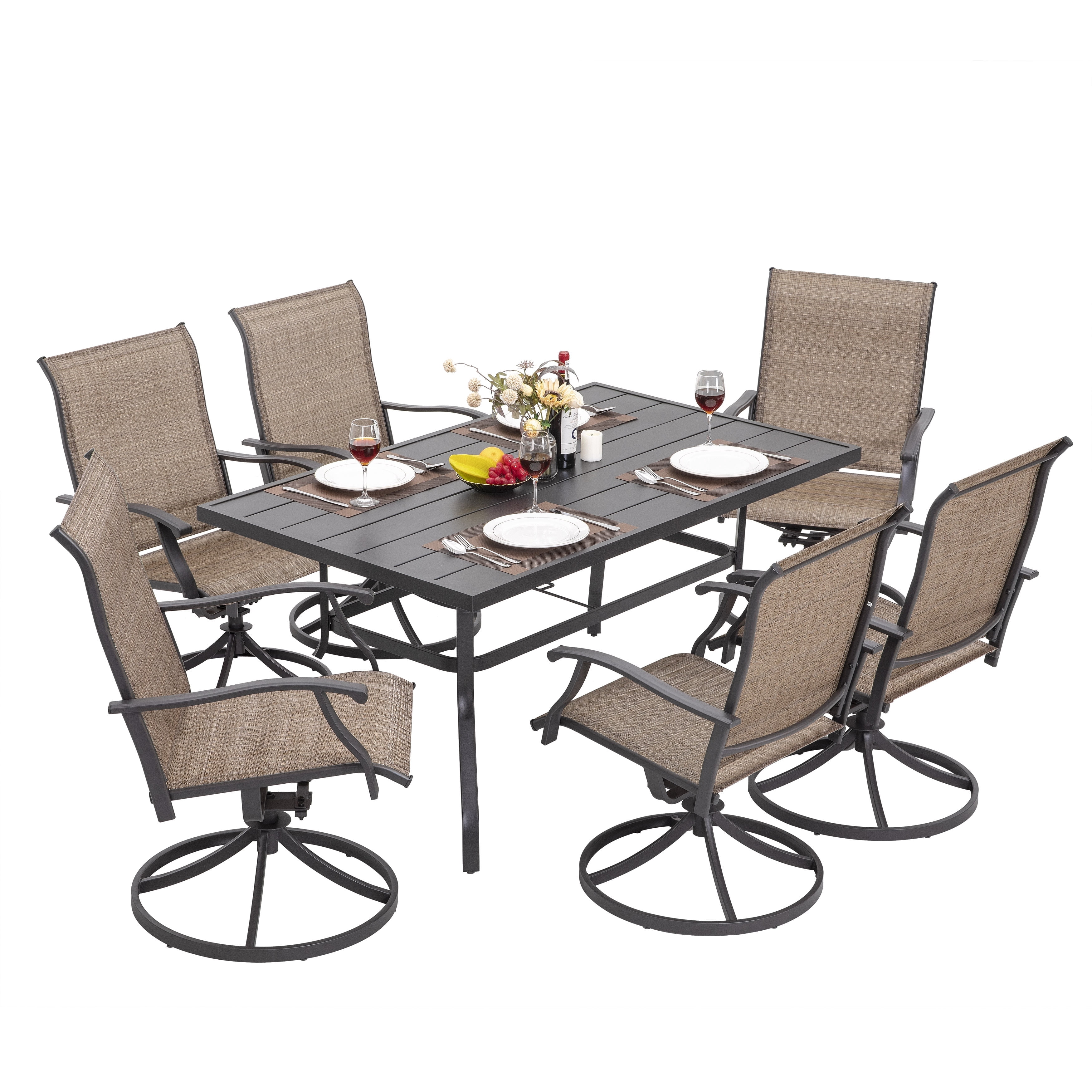 Nuu Garden 7 Piece Outdoor Dining Set Iron Patio Furniture Set 6 Swivel Patio Chairs and 1 Dining Table with 1.57 Inch Umbrella Hole for Lawn Backyard Balcony, Brown