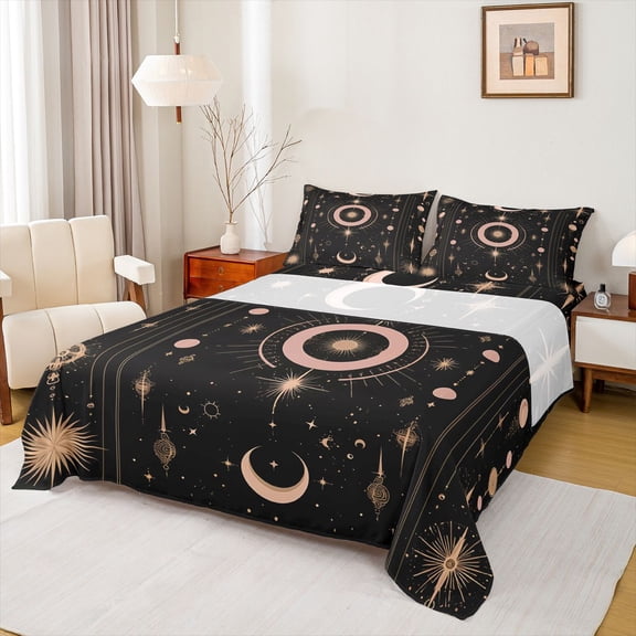 jejeloiu Boho Bohemian Tribal Twin Sheet Sets,Stars Moon Print Twin Fitted Sheet,Gold Black Flat Sheet For Men Women,Breathable Home Decor,3-Piece