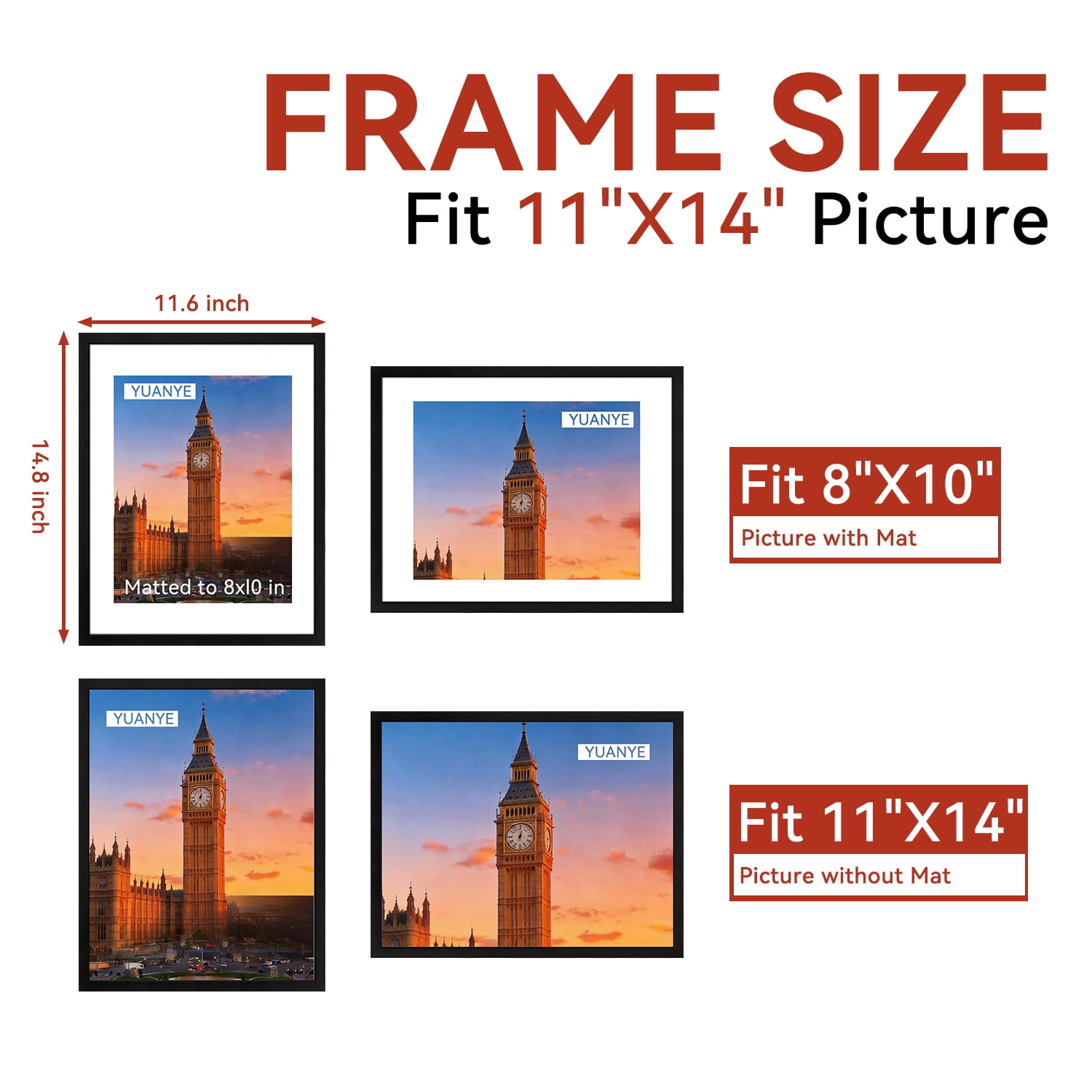 6 Pack 11x14 Black Picture Frames - 8x10 with Mat, Gallery Wall Frame Set for Home & Wall Decor