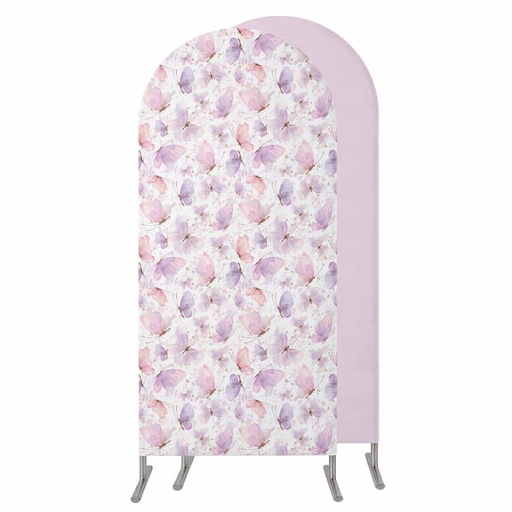 Pink Purple Butterfly Wedding Arch Cover, Stretchy Spandex Arch Backdrop Stand Covers 7.2 FT, Spring Watercolor Butterfly Round Top Arched Backdrop Cover for Birthday Party Ceremony Baby Shower Event