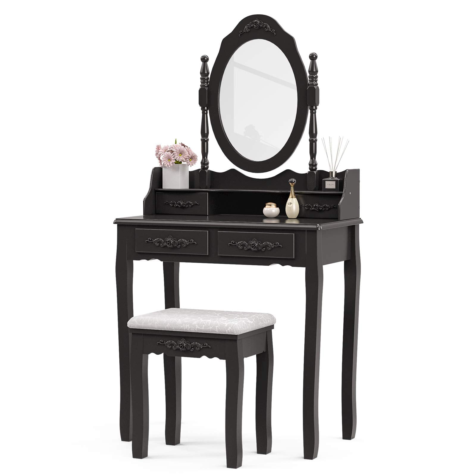Alohappy Girls Vanity Desk, Makeup Vanity Set with Mirror & Stool, Makeup Table Black Vanity Desk with 4 Drawers Vintage Rose Carving Dressing Desk for Bedroom, Studio (Black)