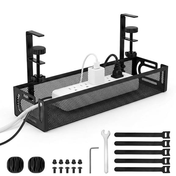 Under Desk Cable Management Tray No Drill, Metal Mesh Cable Management Under Desk with Clamp Mount, 2 Hole Cable Tray with Wire Management and Cord Organizer for Home Office Standing Desk