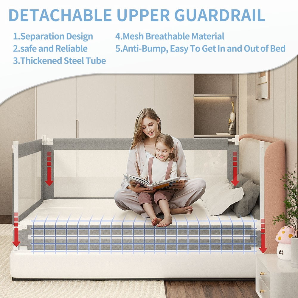 Spaco 2 Pieces 78.7" Bed Rail for Toddlers, Detachable Baby Bed Rail Guard, Suitable for Queen, Full, Bed Rails for Toddlers and Baby, Gray