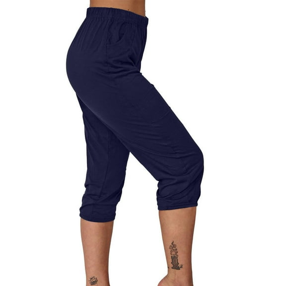 gbyLJF Women's Joggers Stretch Soft Capri Sweatpants Running Elastic Waist Workout Cropped Trouser with Pockets Blue 3XL