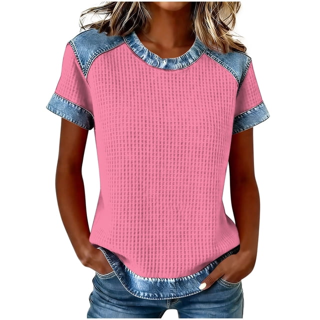Camisetas de Manga Corta para las Mujeres Camisetas de Cuello Redondo de Color Sólido Camisetas de Manga Corta para las Mujeres