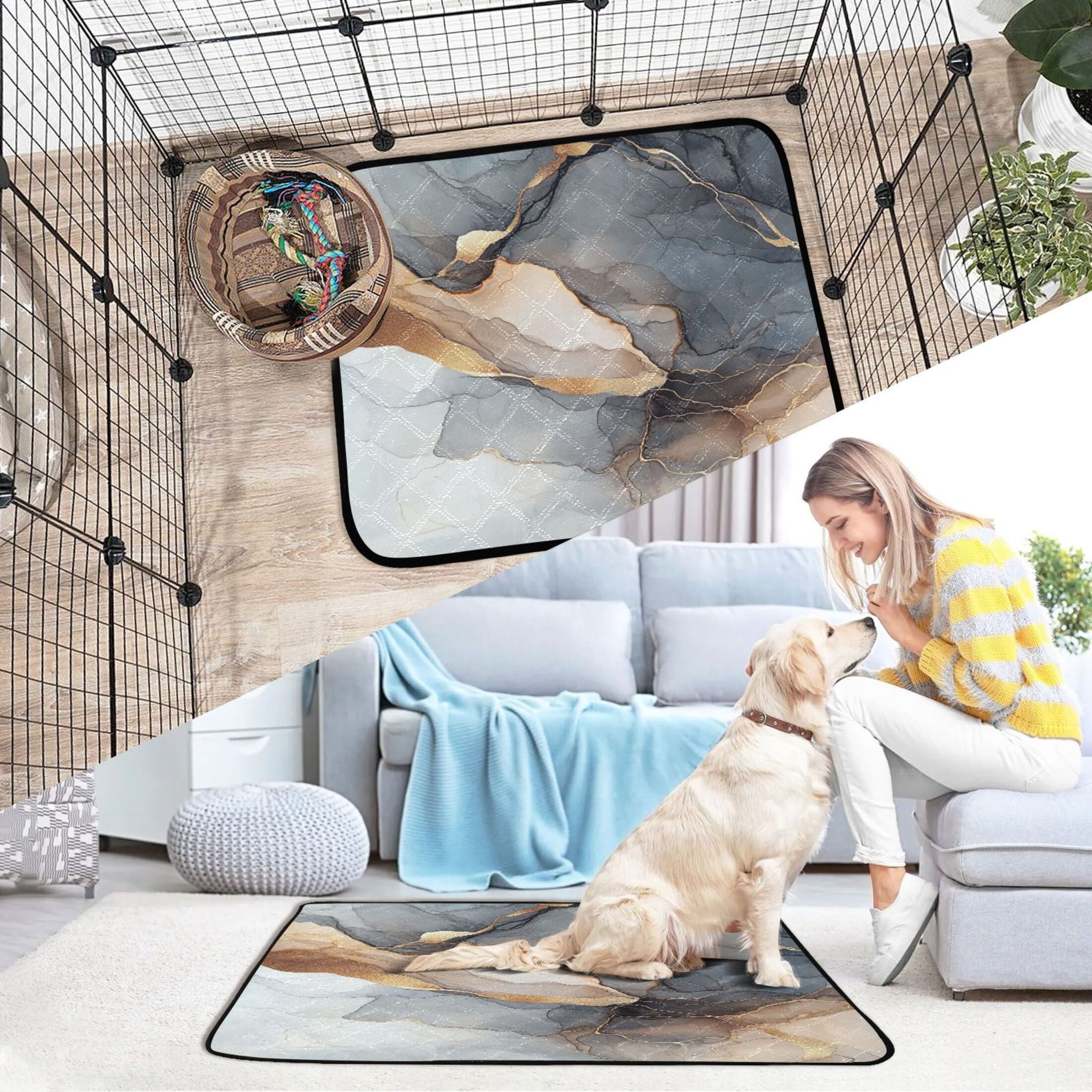 Qxltty Gilt Brown Marble Cat litter Pads Pet Set of 3 Diaper Mats Center Anti-leakage Layer Absorbent Soft and Comfortable