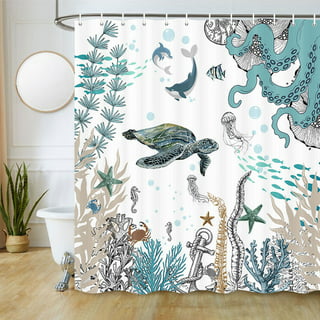Teal Ocean Shower Curtain, Fish Ocean Animal Seashell Seahorse Shower  Curtain with Hooks, Nautical Coastal Theme Bathroom Curtain 69W X 70L Inch