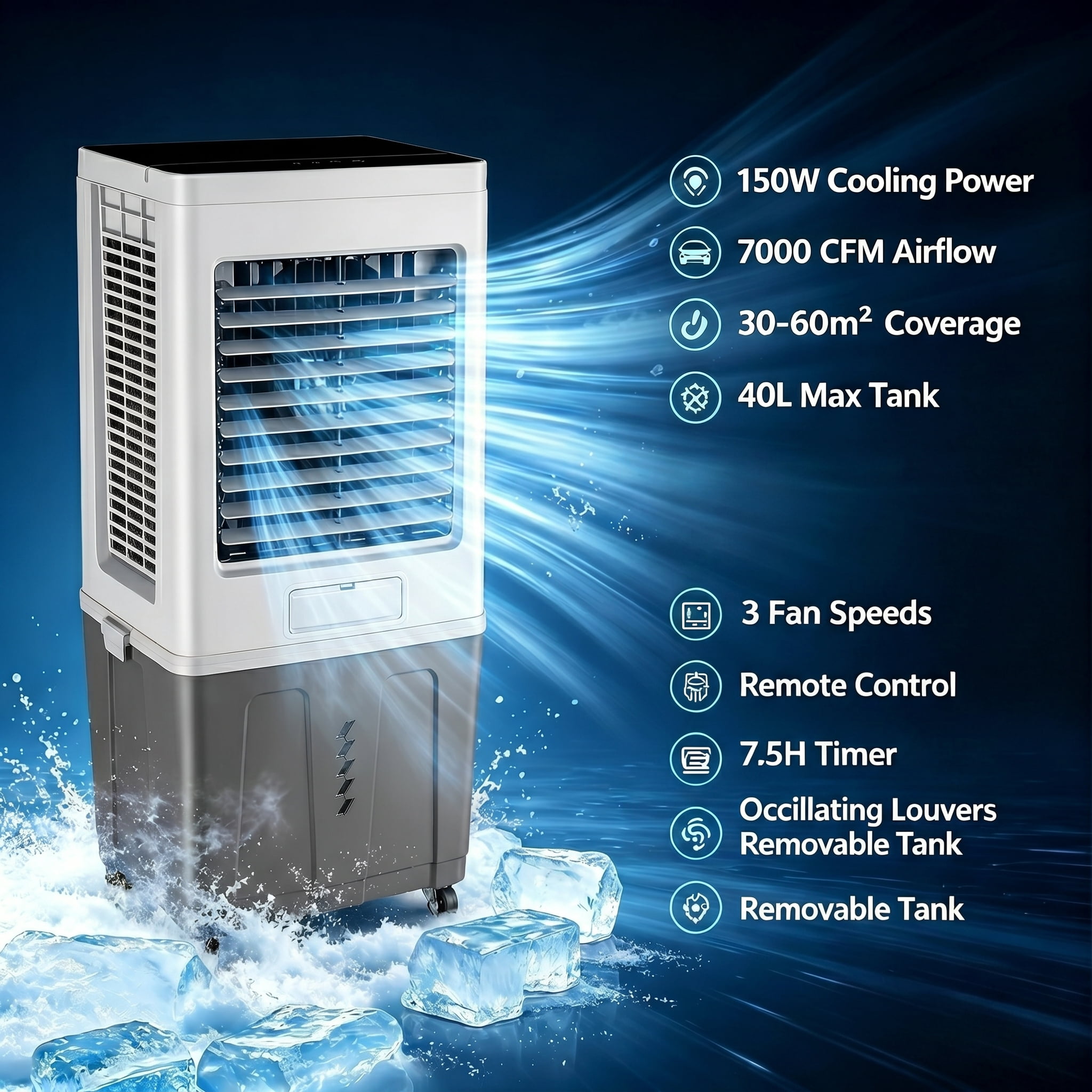 Portable Air Conditioners,7000 CFM Swamp Cooler with3 Speed, 120°Swing, 7.5H Timer, 13.74-Gallon Water Tank Evaporative Air Cooler Long Cooling for Garage, Yard, Indoor