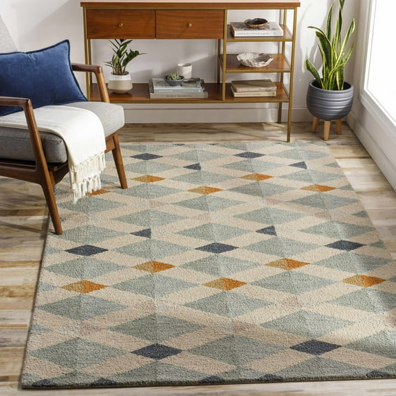 Hauteloom Salay Wool Living Room, Bedroom Area Rug - Contemporary - Sage, Navy, Beige - 2' x 3'