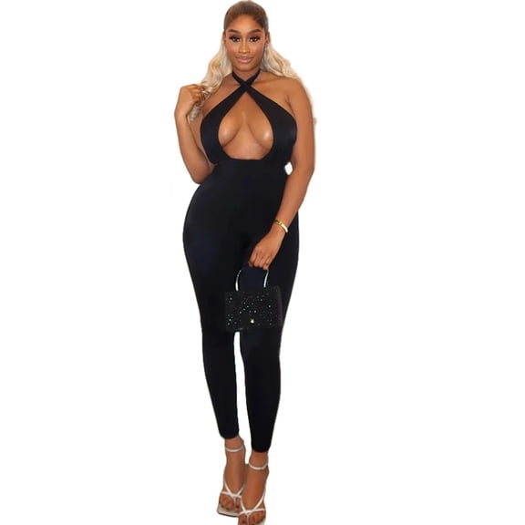 Women’s Lace-Up Halterneck Sleeveless Jumpsuits, Backless, Solid Color, Sexy