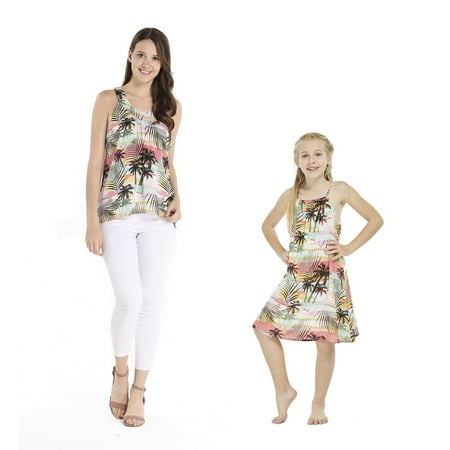 

Matching Hawaiian Luau Mother Daughter Tank Top and Round Neck Dress in Neon Sunset
