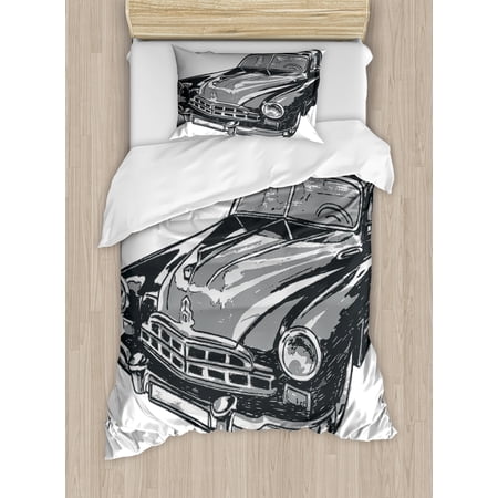 Cars Duvet Cover Set Hand Drawn Vintage Vehicle With Detailed