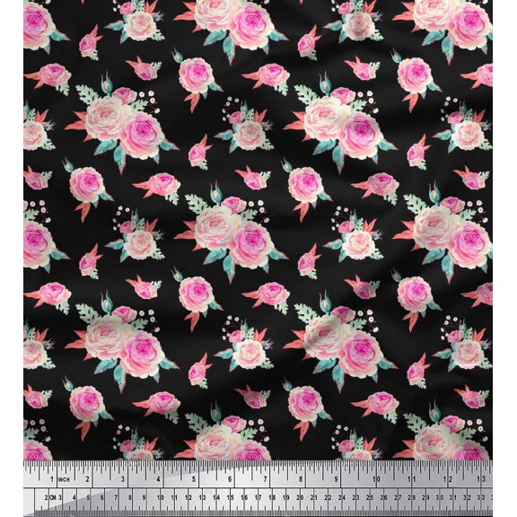 Soimoi Cotton Duck Fabric Leaves & Camellias Floral Printed Craft Fabric by the Yard 42 Inch Wide