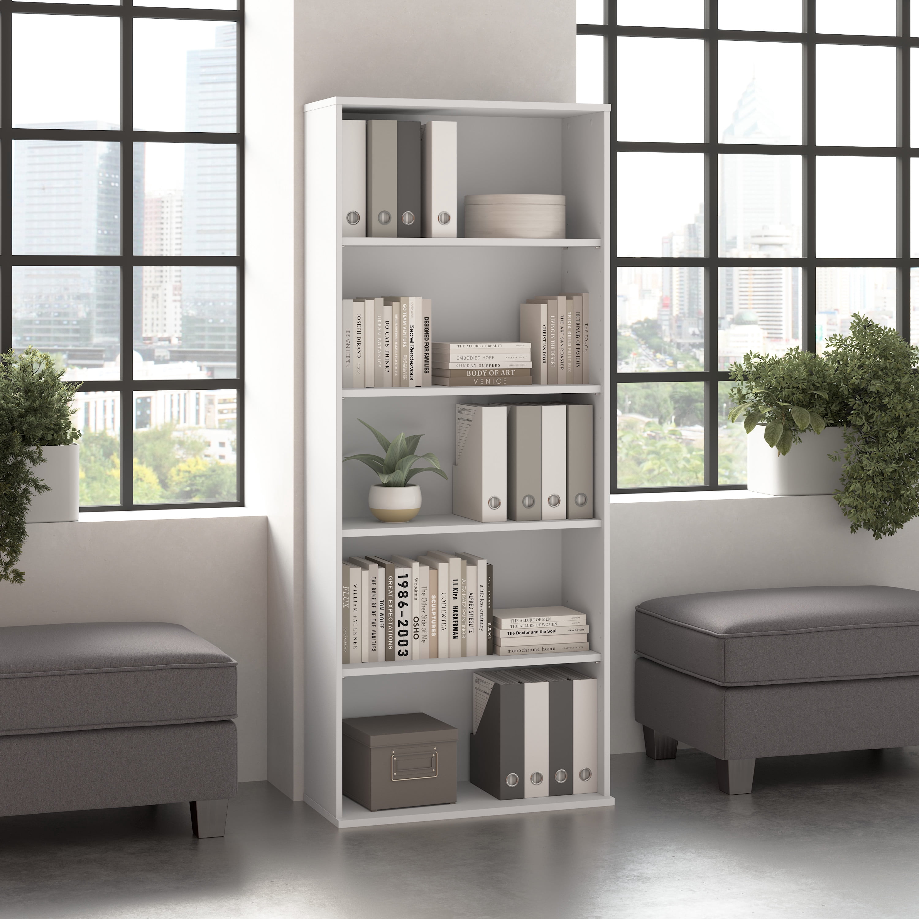 Bush Business Furniture Hustle Tall 5 Shelf Bookcase in White