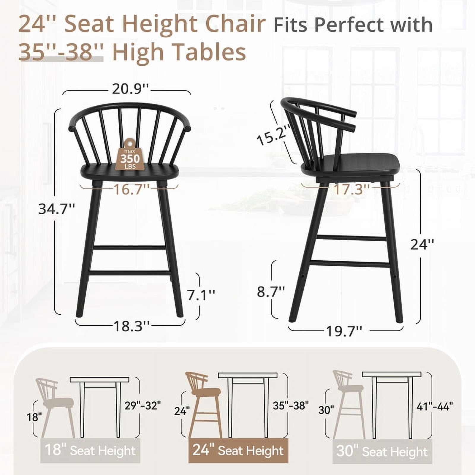 Dycanpo 24'' Wooden Bar Stools Set of 3,Counter Height Bar Stools with Backrest for Kitchen Island,Black