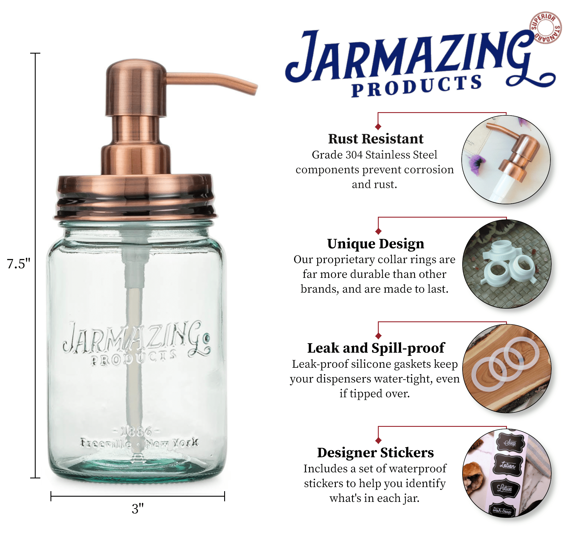 Jarmazing Products Vintage Blue Glass Mason Jar Soap and Lotion Dispenser - Two-Pack - Copper