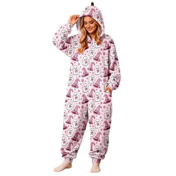 Weebloom Soft Halloween Pajama Set for Women Onesie Flannel Graphic Jumpsuit Fall Winter Soft Pjs Loungewear,Size S-Xl