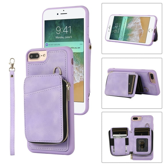 Dteck for iPhone 7 Plus / 8 Plus Zipper Wallet Case, Magnetic Clasp Zipper Purse PU Leather Wallet Case with Credit Card Slot Holder Back Flip Cover, purple