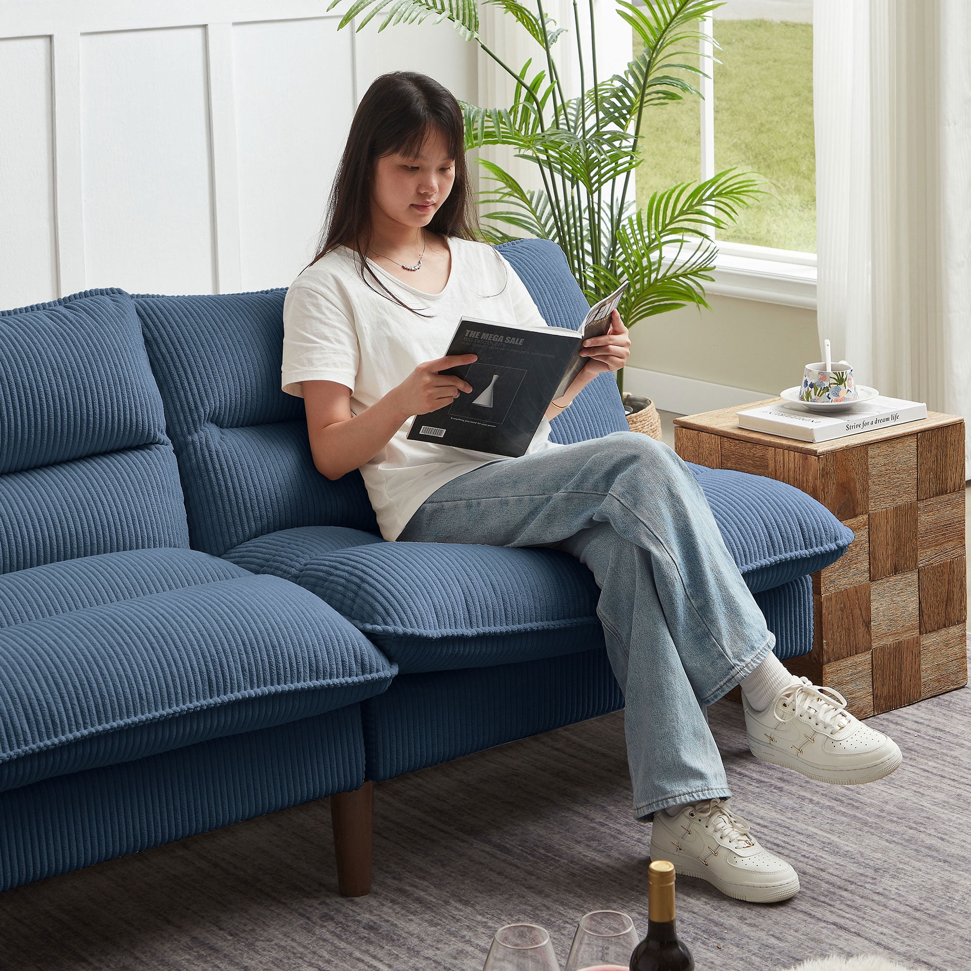 Jarenie Chireca 72" Futon Sofa Bed, Convertible Futon Couch with Adjustable Backrest, Modern Corduroy Futon Sleeper Sofa for Small Spaces, Living Room, Office, Blue