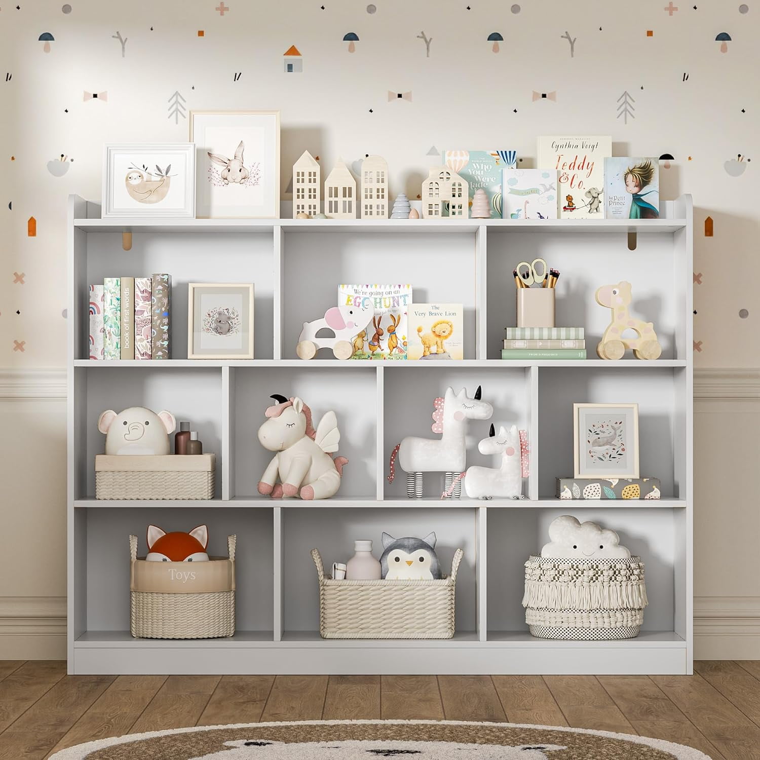 DIYART White Wood Bookcase with 3 Tier Open Shelves, 10-Cube Storage Shelf, 55.1" W x 42.5" H