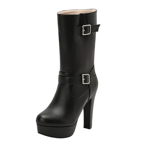 Black Solid Color Mid Calf Boots For Women With Belt Buckle And Platform Heel High Heel For A Fashionable Winter Look