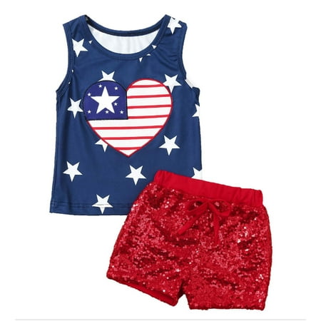 

qucoqpe Independence Day Festive Boys And Girls Sleeveless Tank Top Shorts Embroidered Sequins 2-Piece Set