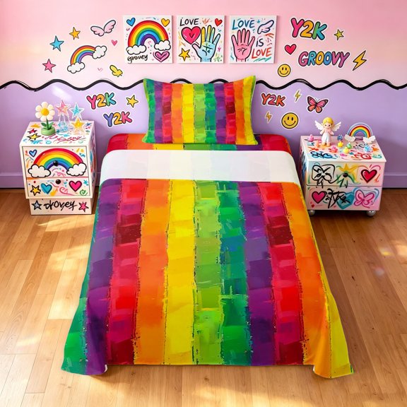 Manfei Kawaii Rainbow Twin Sheets, Graffiti Printing Blocks Bedding, Yellow Green Red, 3-Piece, 1 Flat Sheet, 1 Fitted Sheet and 1 Pillowcase